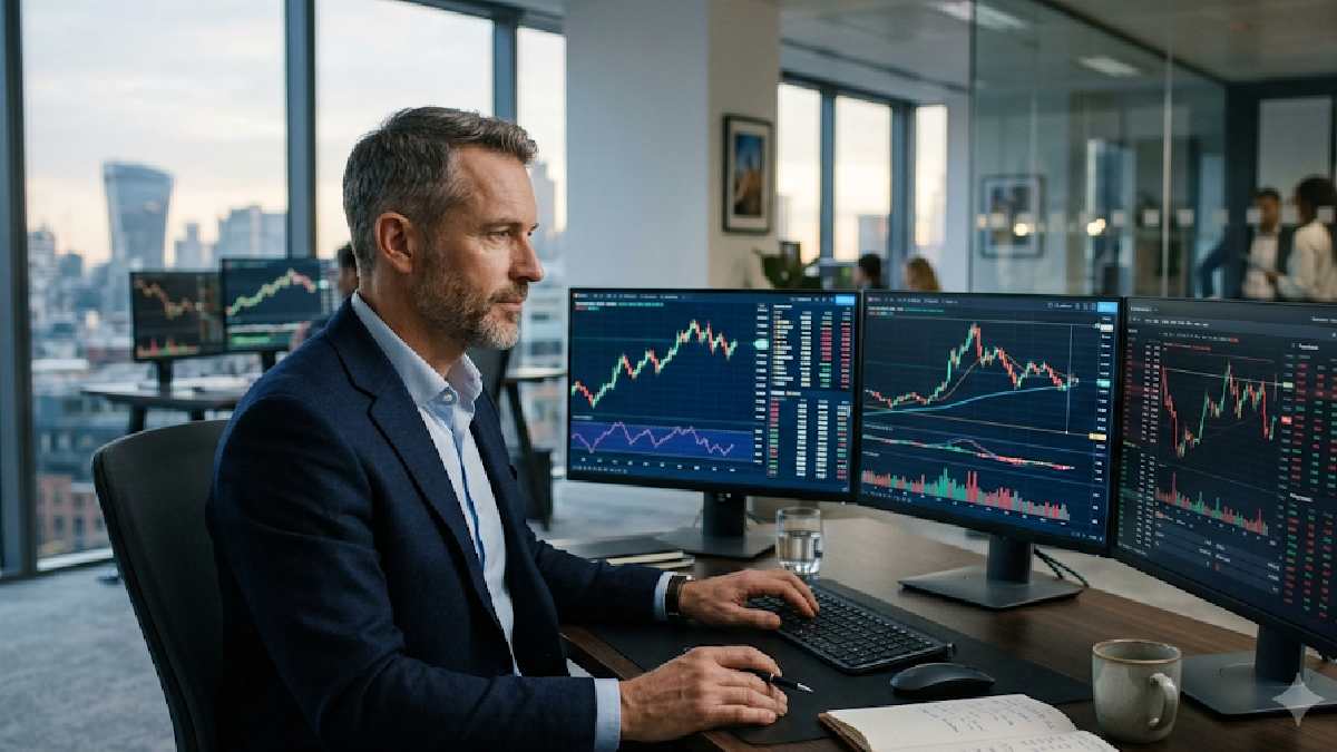 Successful investor analyzing stock market charts