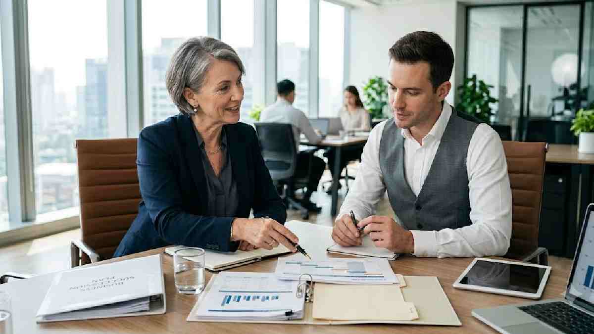 Entrepreneur discussing business succession planning with future leader.
