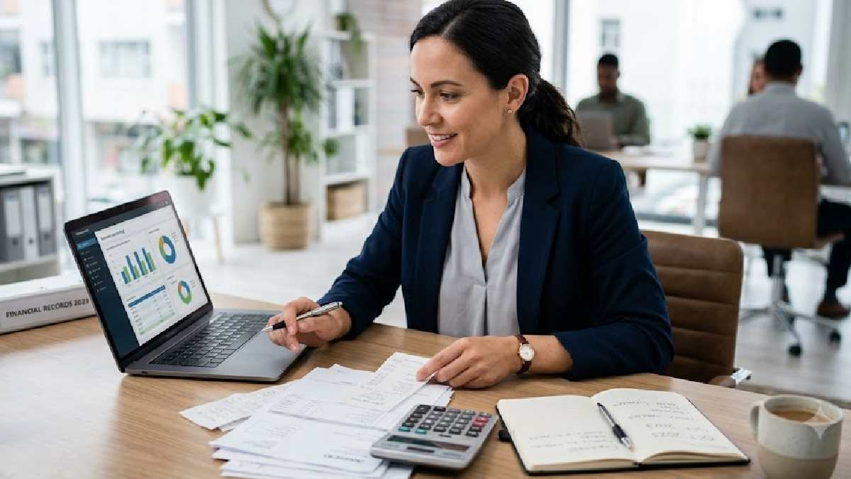 Small business owner reviewing financial records
