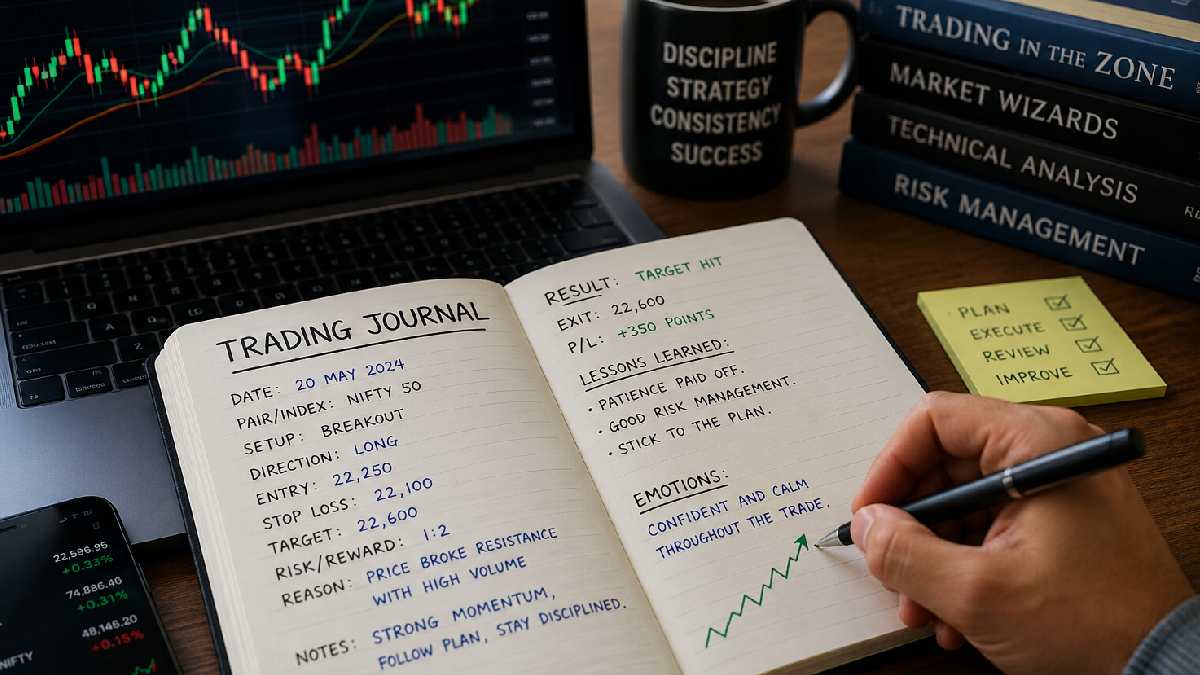 Trader analyzing charts and maintaining a trading journal