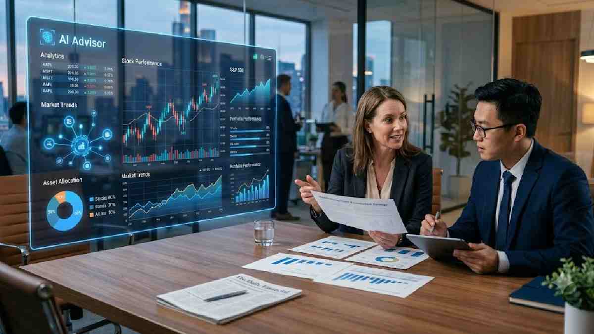 AI and human advisors comparing financial strategies